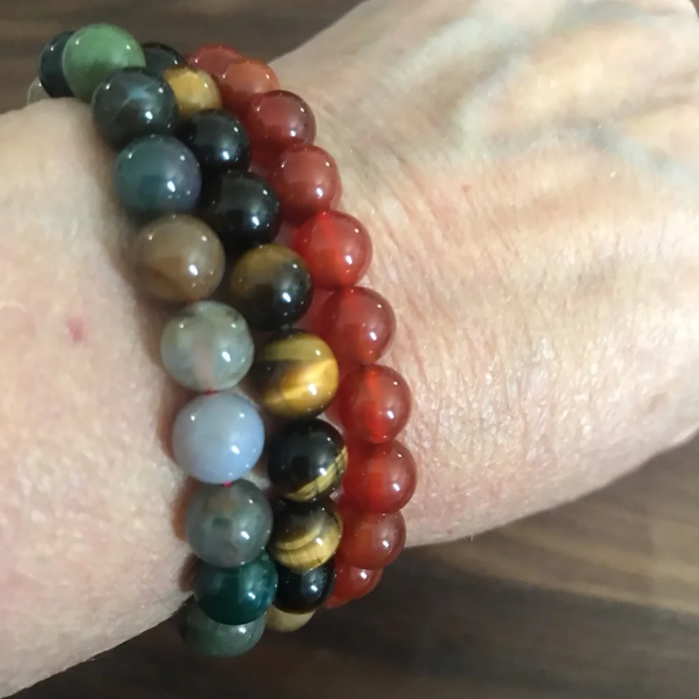 Handmade Natural Tigers Eye Carnelian Agate Bead Stretch Bracelet Set of 3